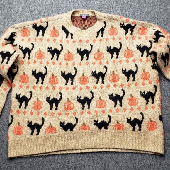 Vince Camuto Black Cat Pumpkin Sweater Tan Women’s Size L Fall Autumn - Picture 1 of 7